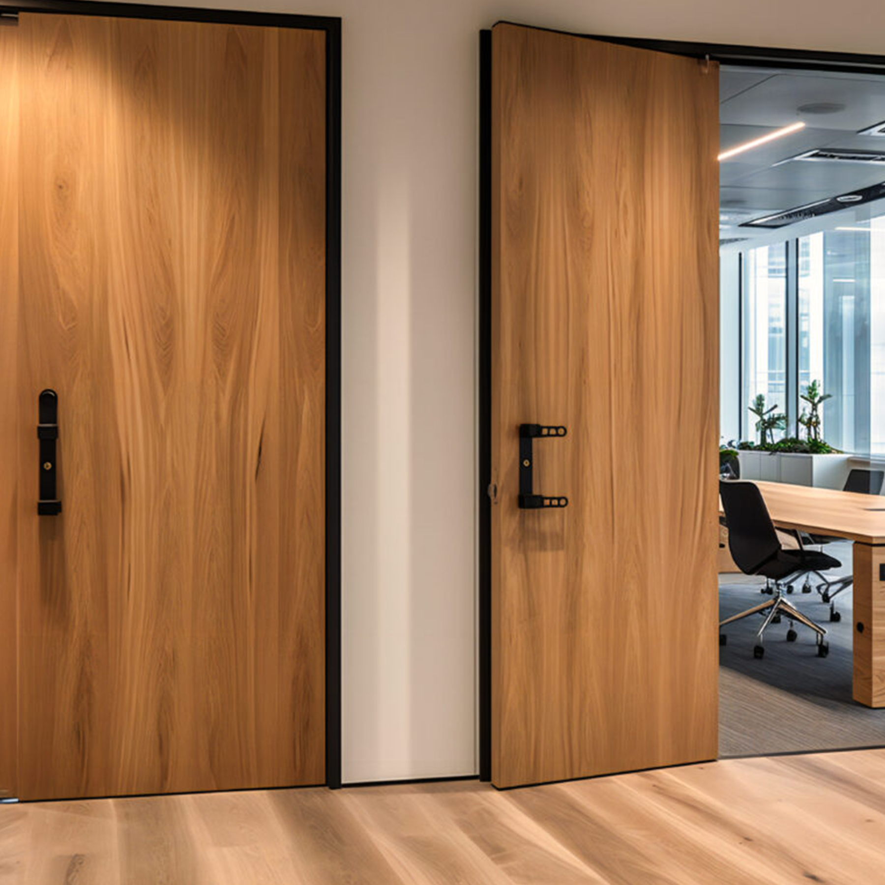 two wooden doors that open office meeting room